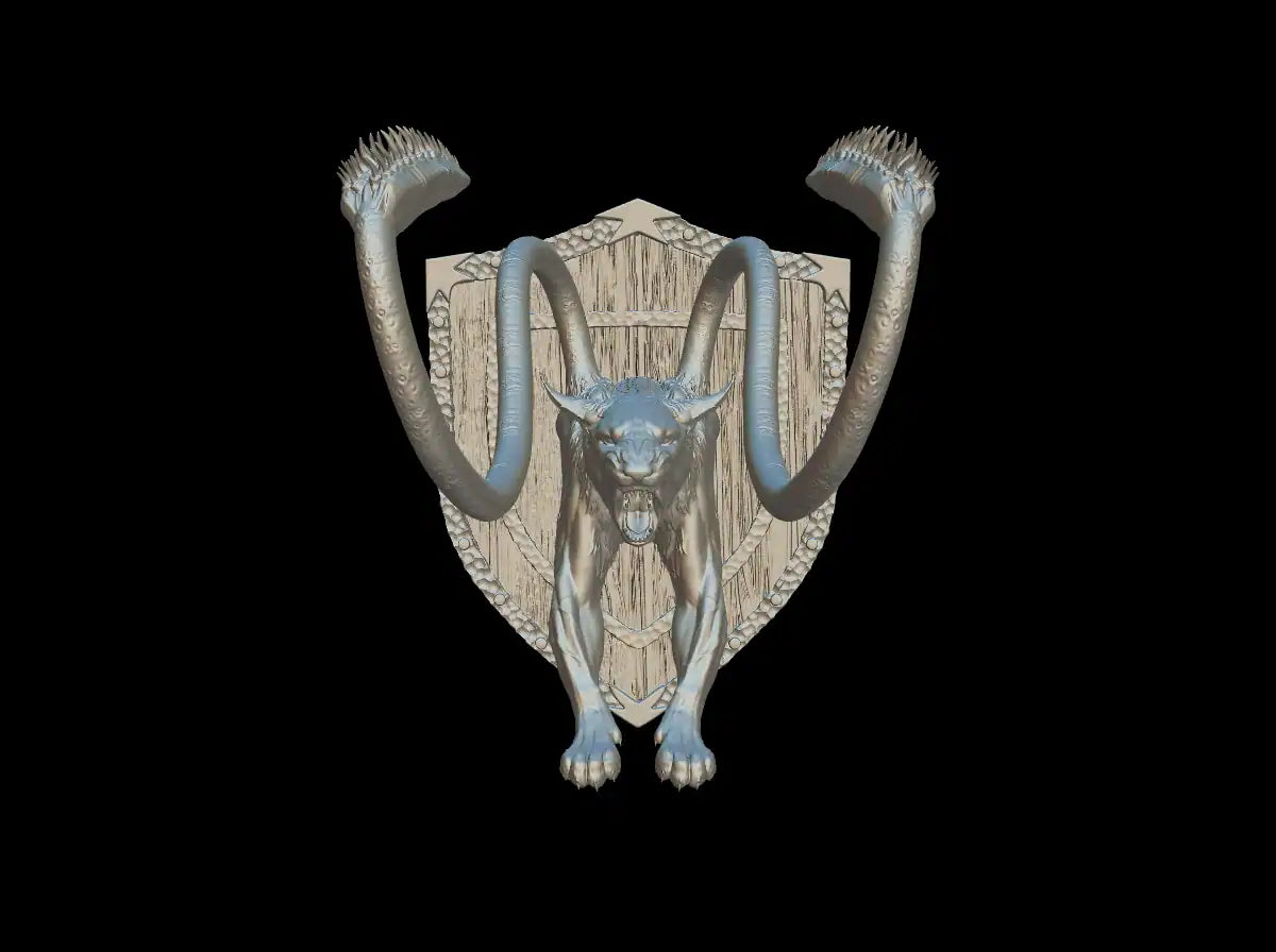 Silver three-headed serpent emblem on a textured shield backdrop for noble dwarf displacer beast magnetic trophy head