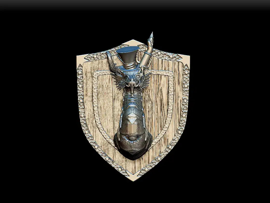 Metallic steampunk owl mounted on a wooden shield with riveted edges and gears in noble dwarf dr imidium cogsworth wyrmwood trophy head