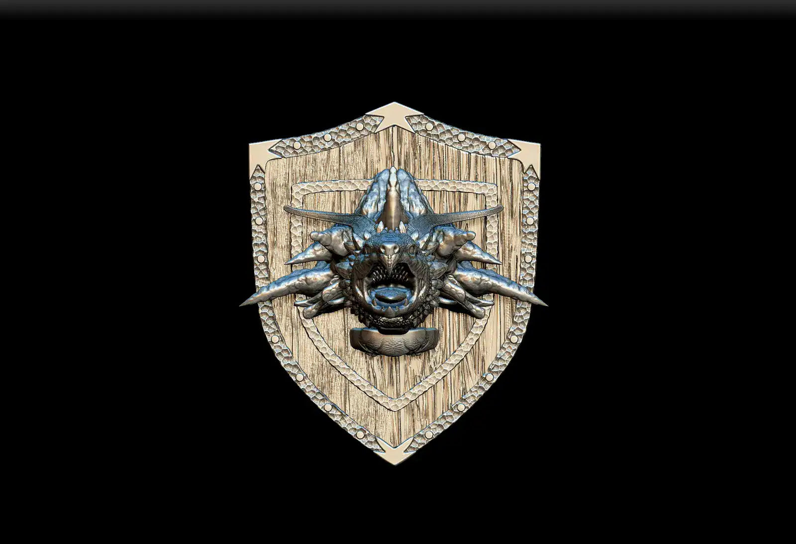 Noble dwarf dragon turtle magnetic trophy head featuring metallic detailed dragon emblem on wood plaque with beaded border