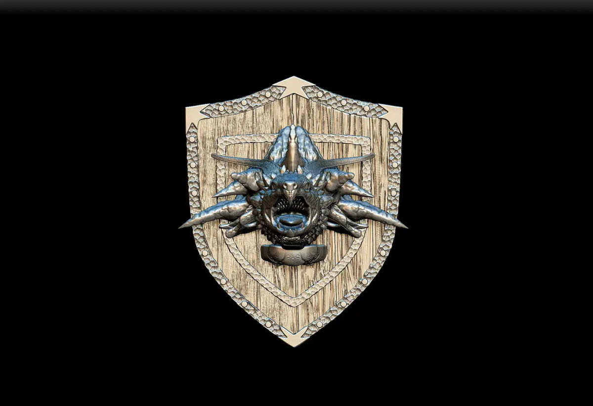 Noble dwarf dragon turtle magnetic trophy head featuring metallic detailed dragon emblem on wood plaque with beaded border