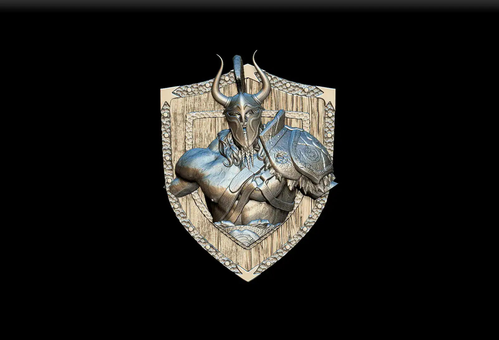 Noble dwarf frost giant male magnetic trophy head silver metal viking warrior with horned helmet on wooden plaque