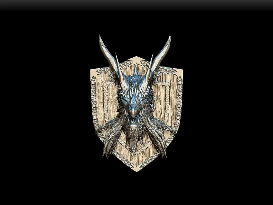 Noble Dwarf Glacius the Ice Dragon silver dragon head magnetic trophy mounted on wooden shield with stone border accents