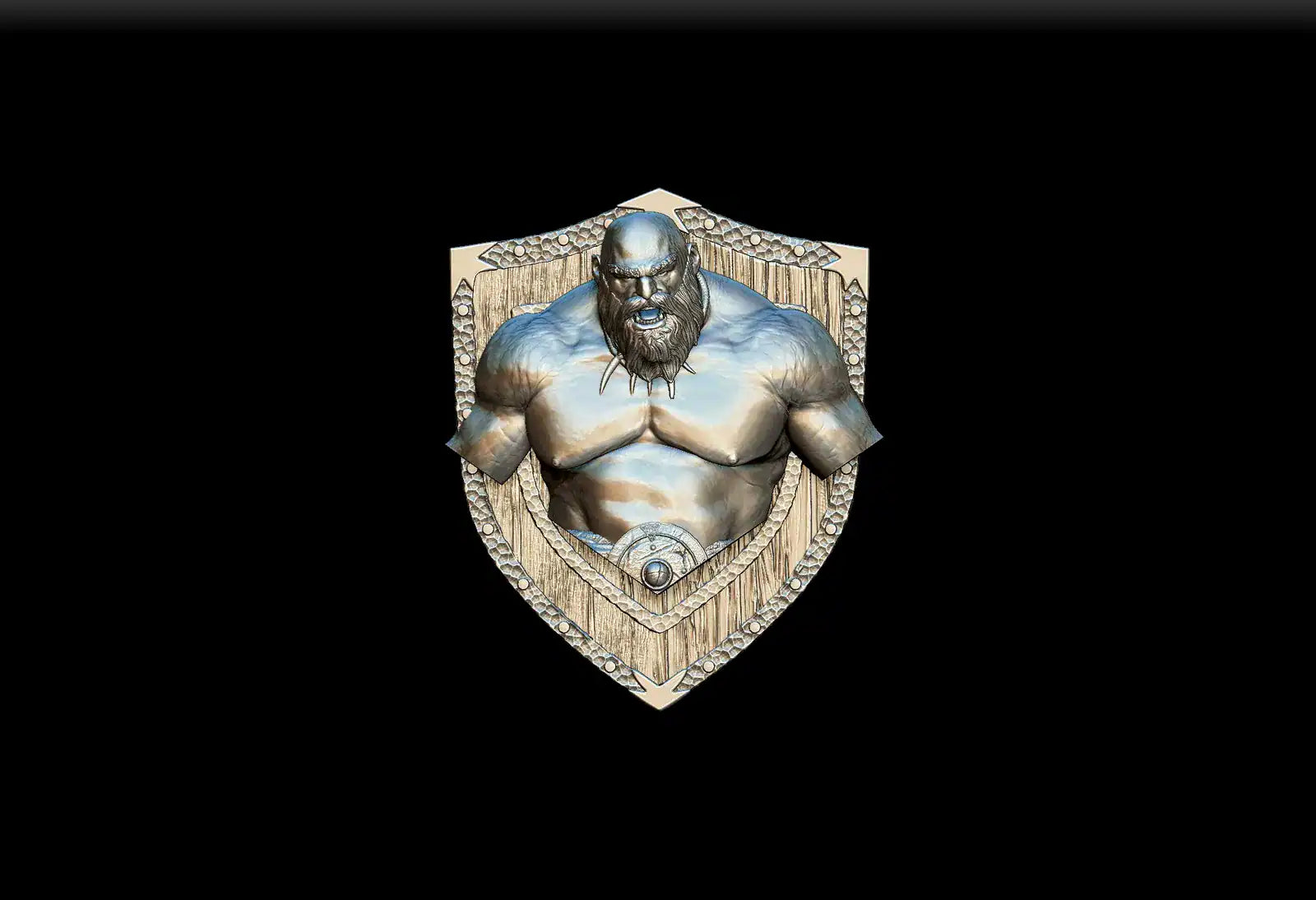 A metallic muscular warrior with a beard in relief on a shield-shaped plaque for noble dwarf hill giant magnetic trophy head