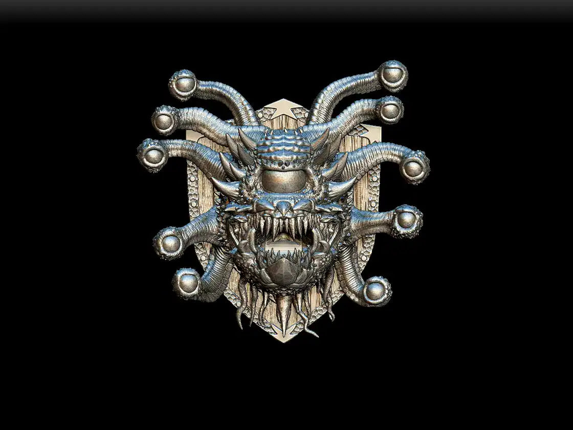 Silver metallic noble dwarf hive mother magnetic trophy head wall plaque with intricate medusa serpent details
