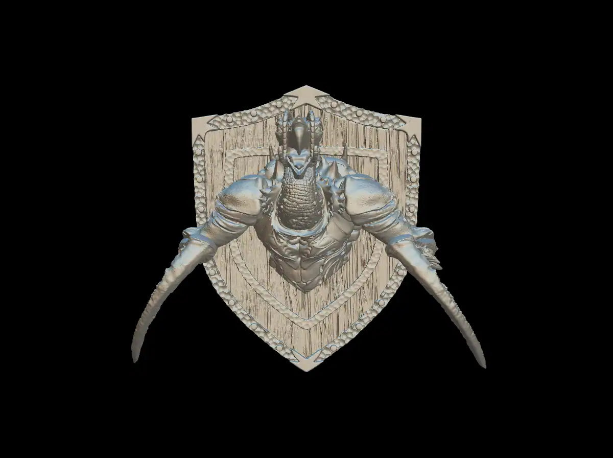 Silver metallic knight figurine mounted on noble dwarf hook horror magnetic trophy head with textured wood grain shield