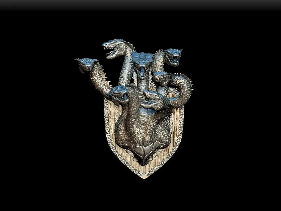 Silver metallic three-headed dwarf hydra mounted on a shield-shaped magnetic trophy plaque