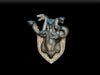 Silver metallic three-headed dwarf hydra mounted on a shield-shaped magnetic trophy plaque