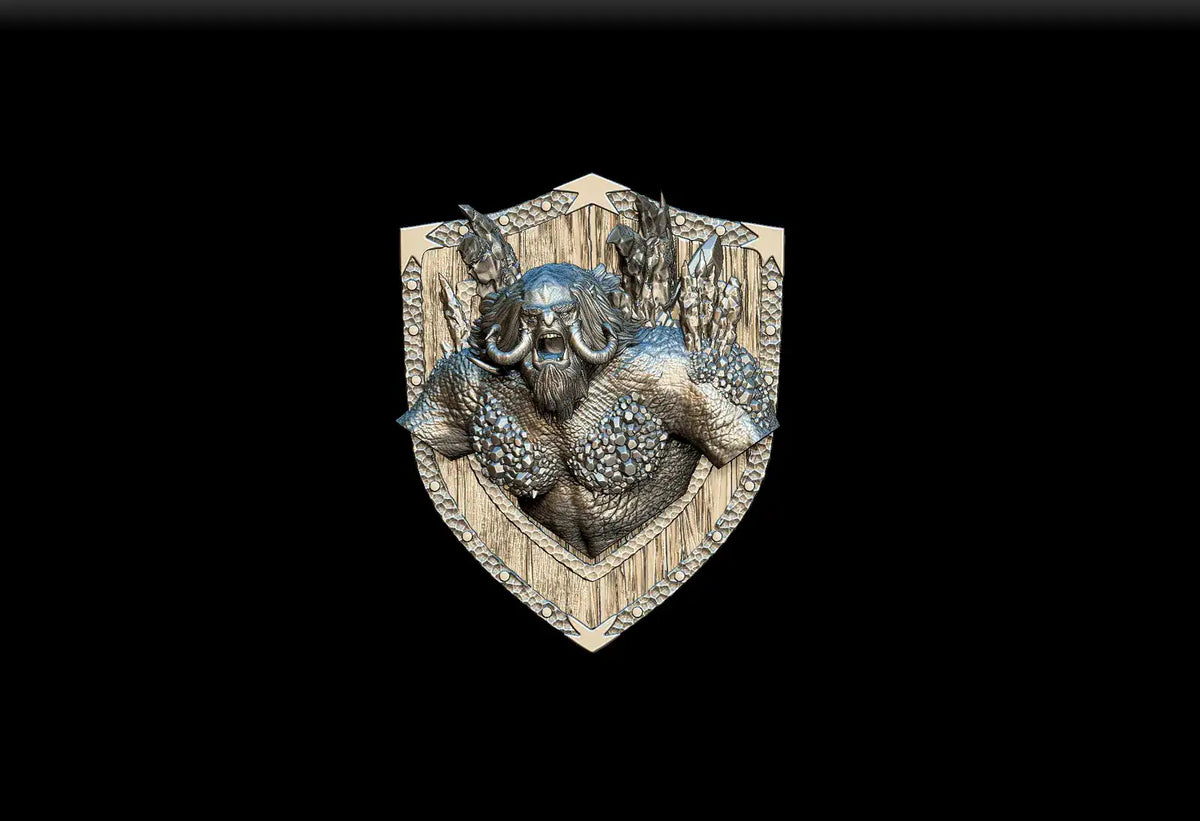 Noble dwarf ice troll magnetic trophy head featuring a metallic bronze fantasy warrior on a wood-grain shield plaque
