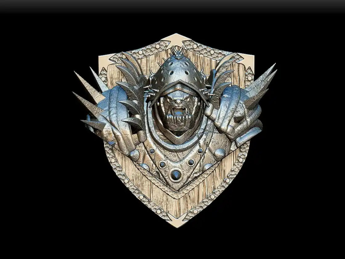 Noble Dwarf Iron Ogre magnetic trophy head silver-toned detailed fantasy warrior helmet mounted on shield