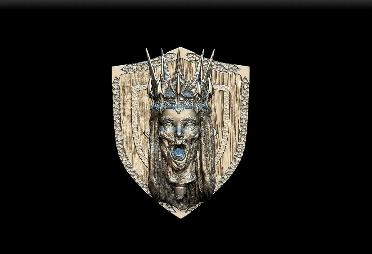Noble dwarf lich queen magnetic trophy head featuring a detailed silver-toned 3d-printed shield with crowned face