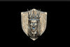 Noble dwarf lich queen magnetic trophy head featuring a detailed silver-toned 3d-printed shield with crowned face