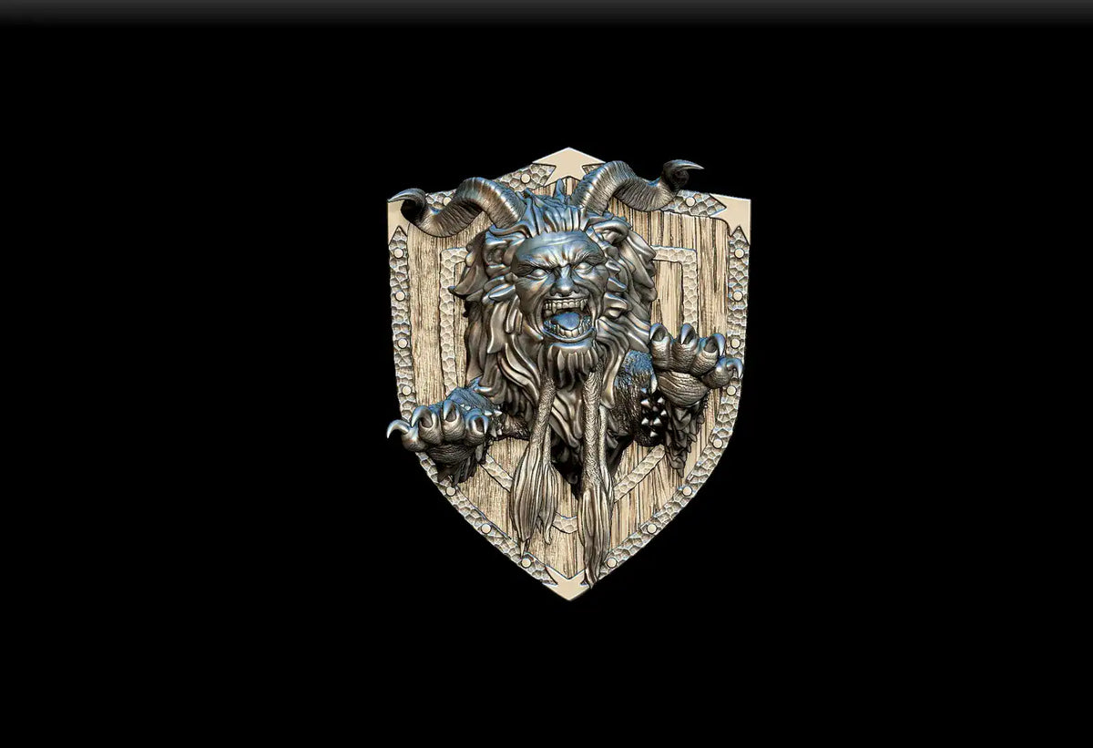 Silver lion-headed shield plaque with ornate detailing on textured wood-grain background for noble dwarf manticore magnetic trophy head