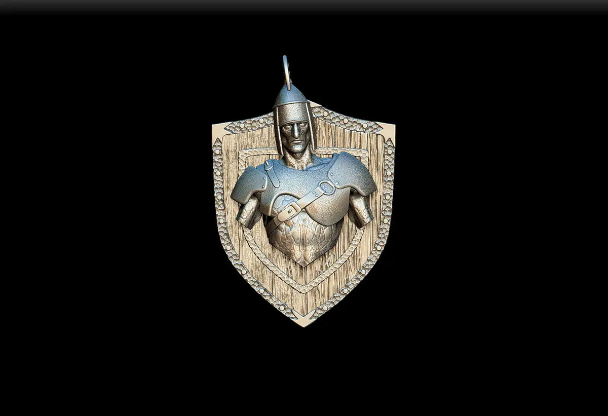 Silver knight pendant with detailed armor and shield design featured in noble dwarf stone giant magnetic trophy head product