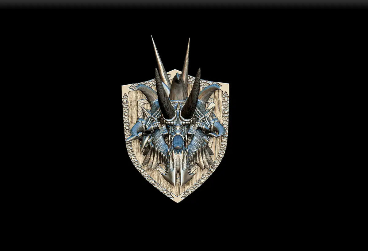 Noble dwarf tarrasque magnetic trophy head featuring a detailed metallic dragon shield emblem with silver and blue accents