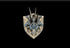 Noble dwarf tarrasque magnetic trophy head featuring a detailed metallic dragon shield emblem with silver and blue accents