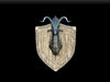 Noble Dwarf Umbrastryke the Shadow Dragon magnetic trophy head with dark blue and black metallic goat design mounted on wood