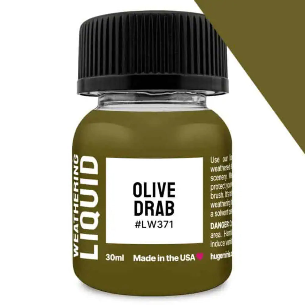 Olive drab weathering liquid in a 30ml clear glass bottle with a black ribbed cap for model detailing
