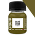 Olive drab weathering liquid in a 30ml clear glass bottle with a black ribbed cap for model detailing