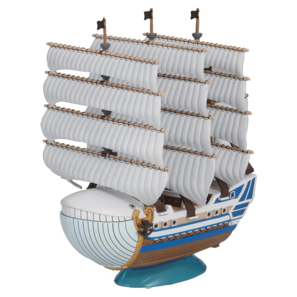 A detailed one piece model kit of the grand ship collection moby dick with white sails and blue brown hull details