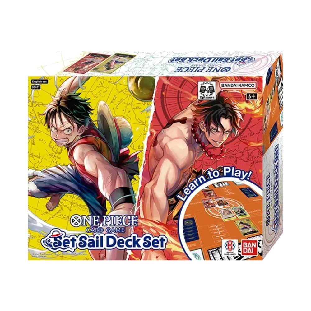 One Piece TCG set sail deck set box featuring vibrant anime artwork of Luffy and Ace on yellow and red background