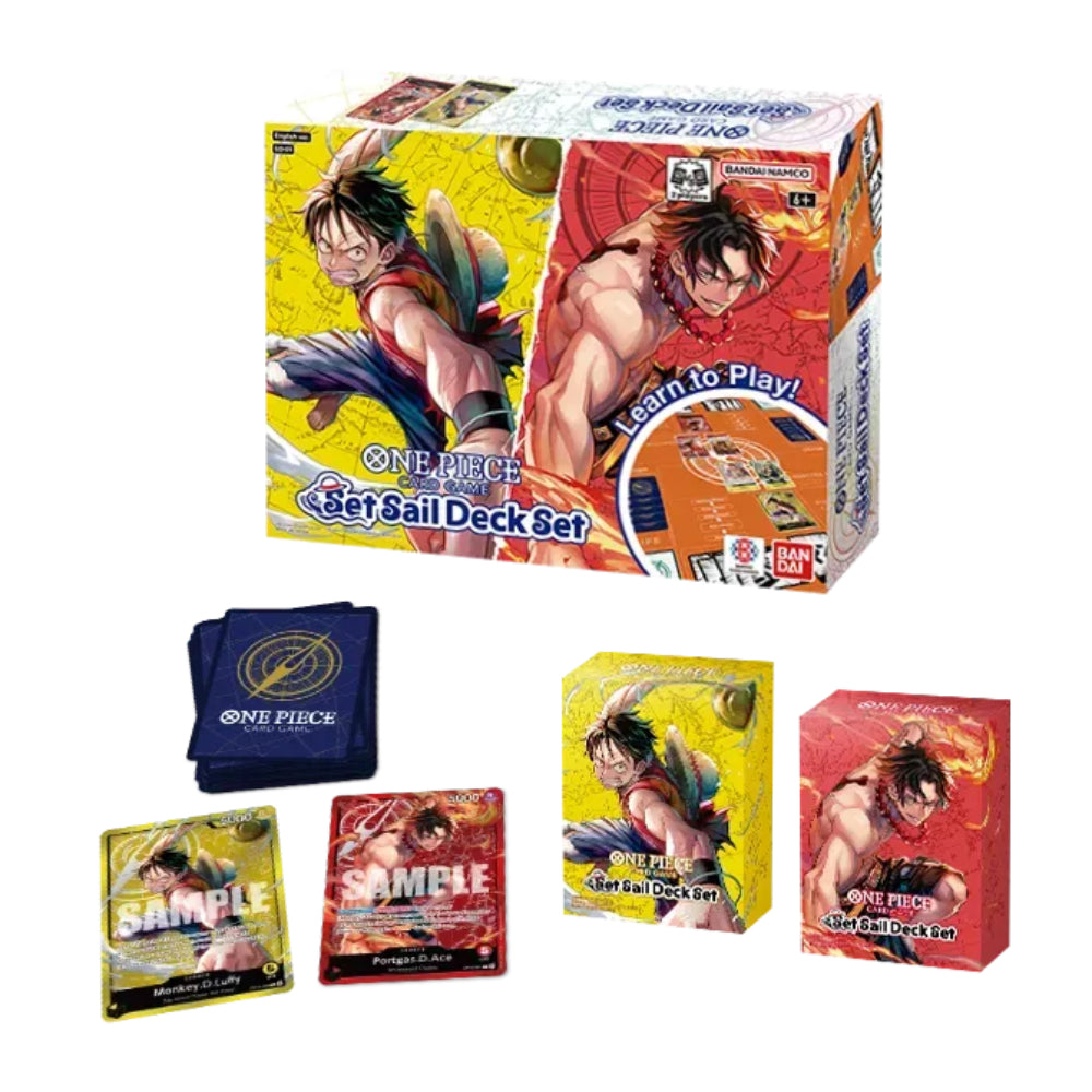 One Piece TCG Set Sail Deck Set box featuring vibrant Luffy and Zoro anime artwork on yellow and red background with Bandai Namco branding