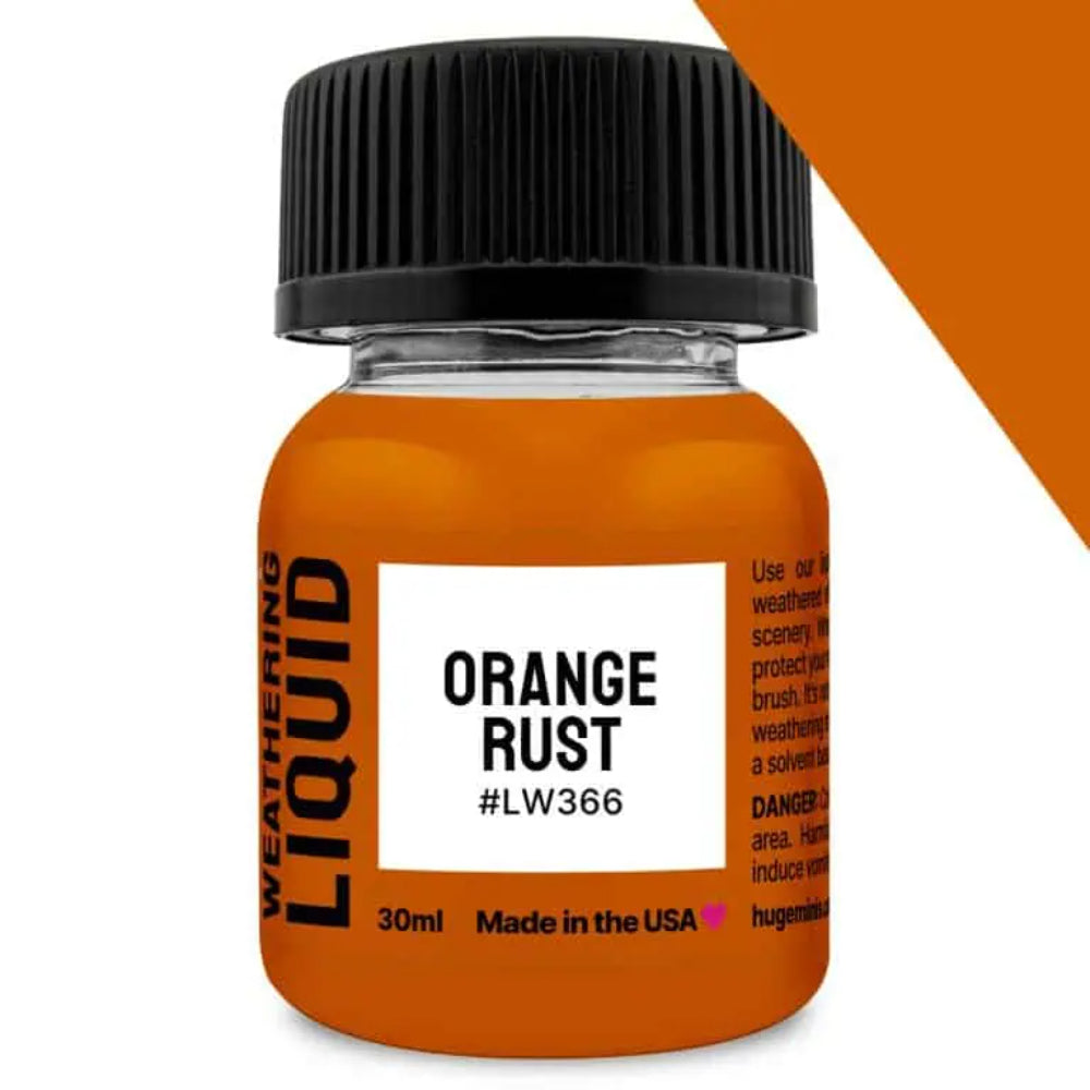 Orange rust weathering liquid in a 30ml clear glass bottle with a black ribbed cap for realistic rust effects
