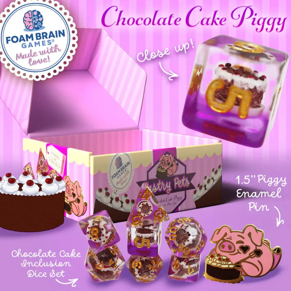 Pastry Pets Pin & Polyhedral (D&D) Dice Set (7) Chocolate Cake Piggy - Dice & Dice Supplies