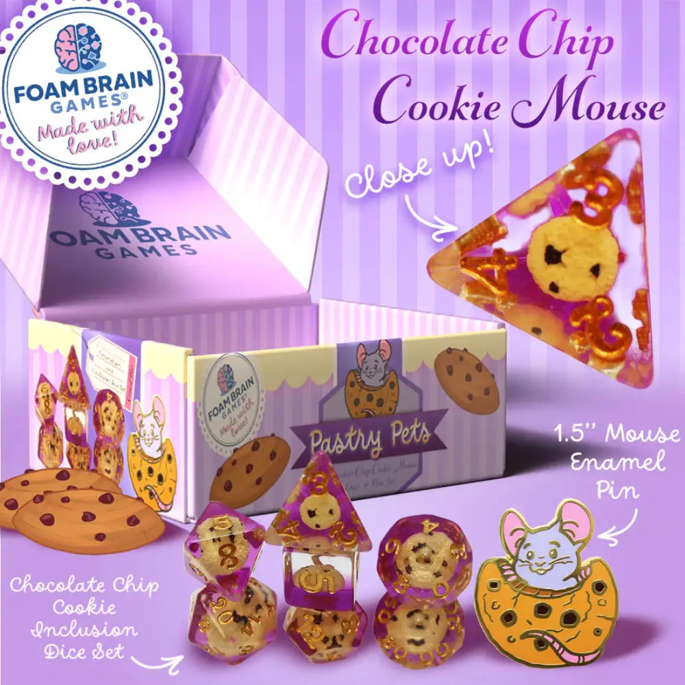 Pastry Pets Pin & Polyhedral (D&D) Dice Set (7) Chocolate Chip Cookie Mouse - Dice & Dice Supplies