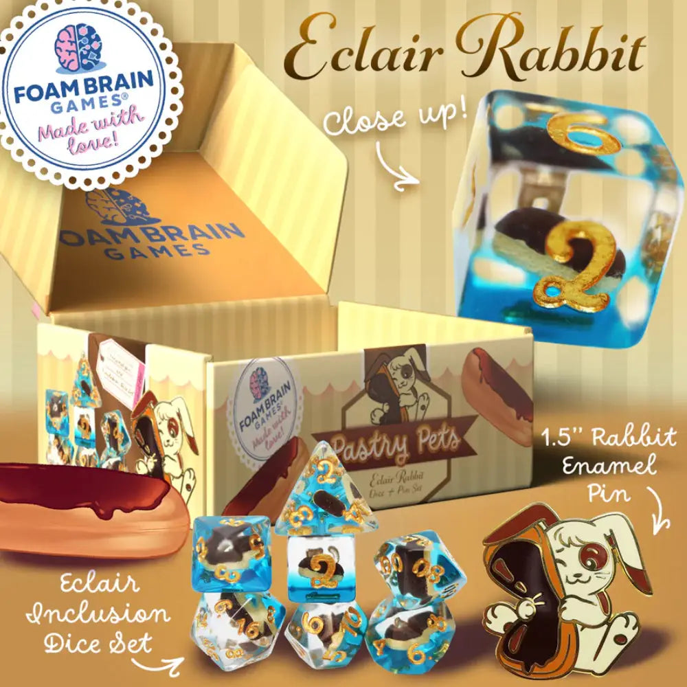 Pastry Pets Pin & Polyhedral (D&D) Dice Set (7) Eclair Rabbit - Dice & Dice Supplies