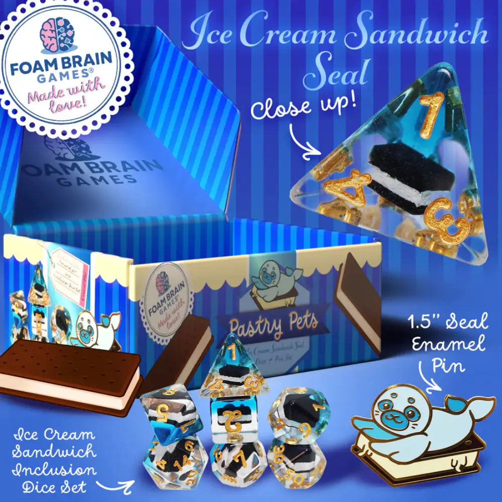 Pastry Pets Pin & Polyhedral (D&D) Dice Set (7) Ice Cream Sandwich Seal - Dice & Dice Supplies