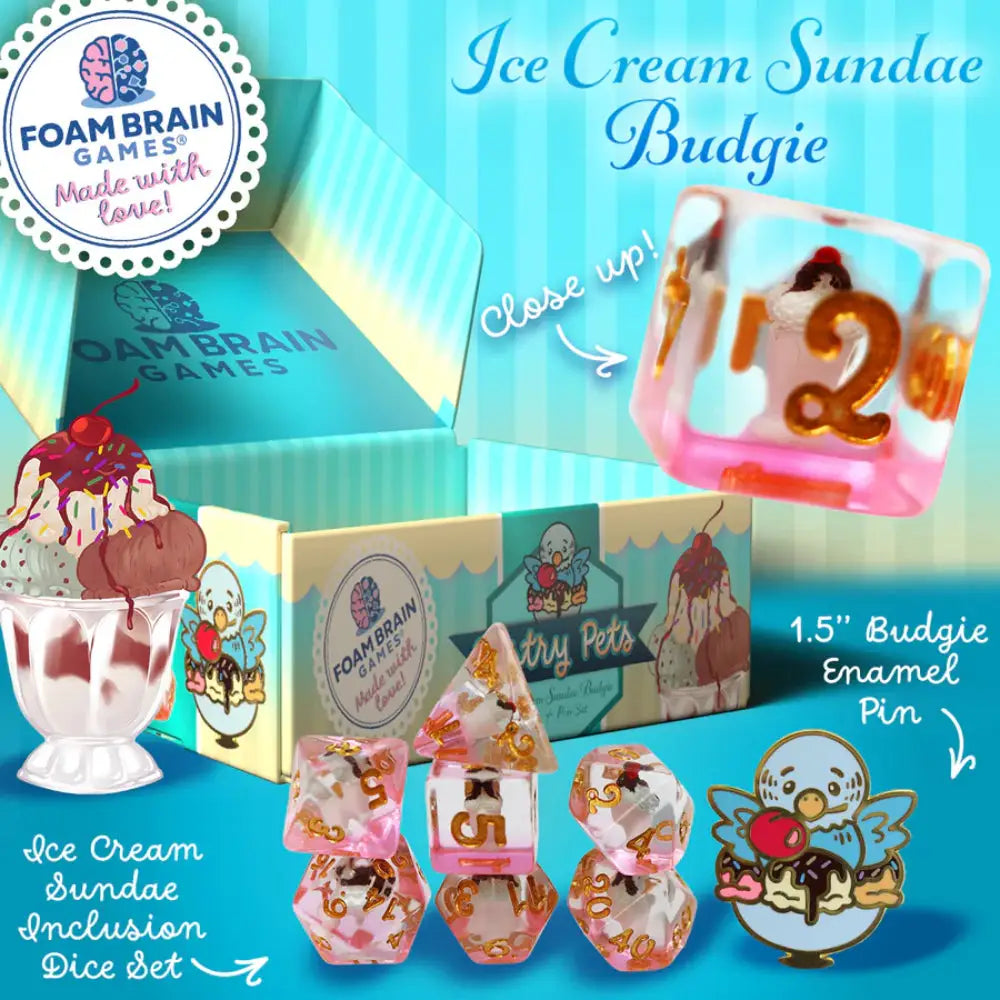 Pastry Pets Pin & Polyhedral (D&D) Dice Set (7) Ice Cream Sundae Budgie - Dice & Dice Supplies
