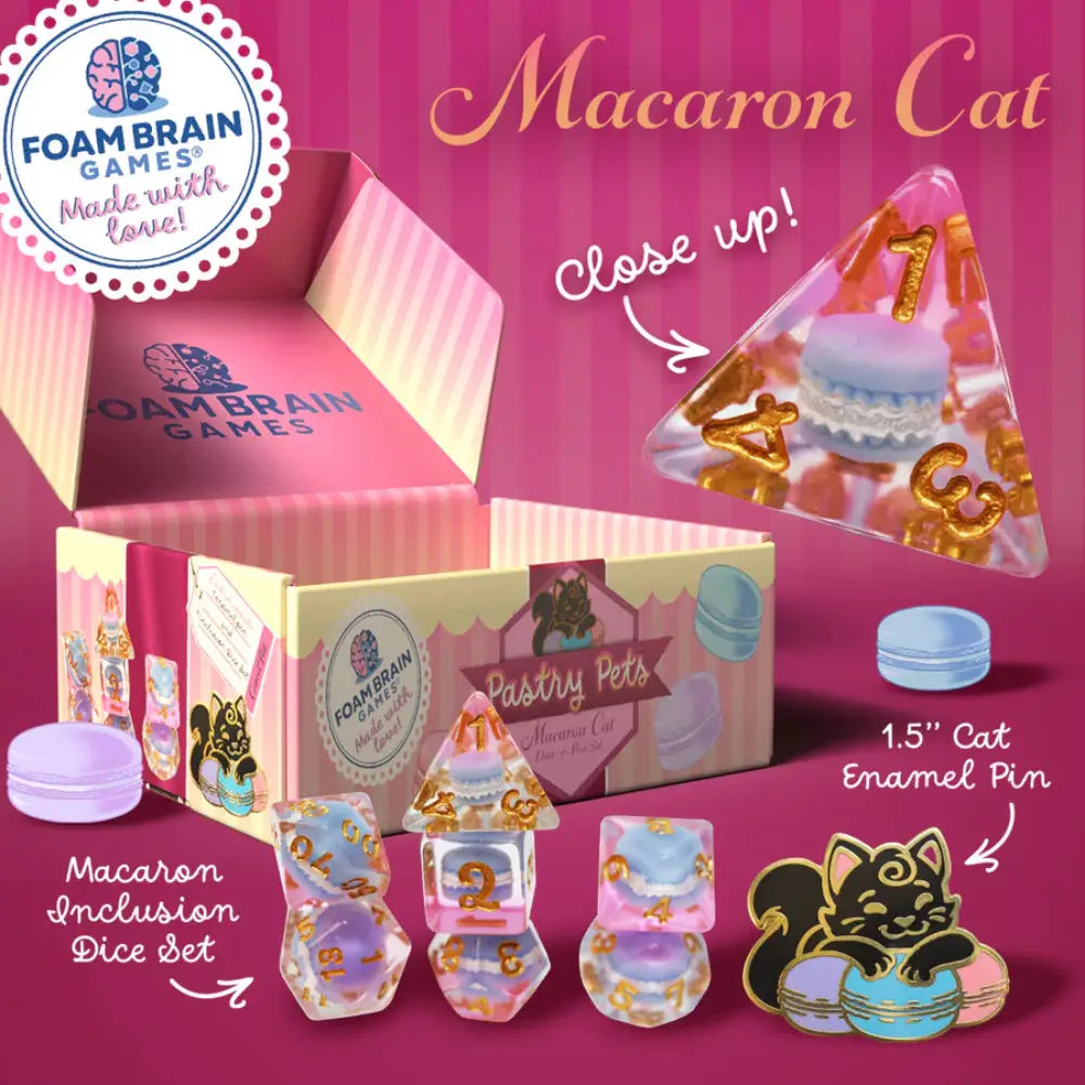 Pastry Pets Pin & Polyhedral (D&D) Dice Set (7) Macaron Cat - Dice & Dice Supplies