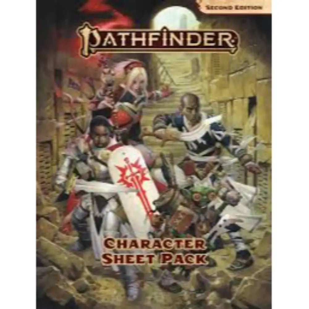 Second edition pathfinder rpg character sheets pack featuring illustrated fantasy adventurers in dynamic combat poses
