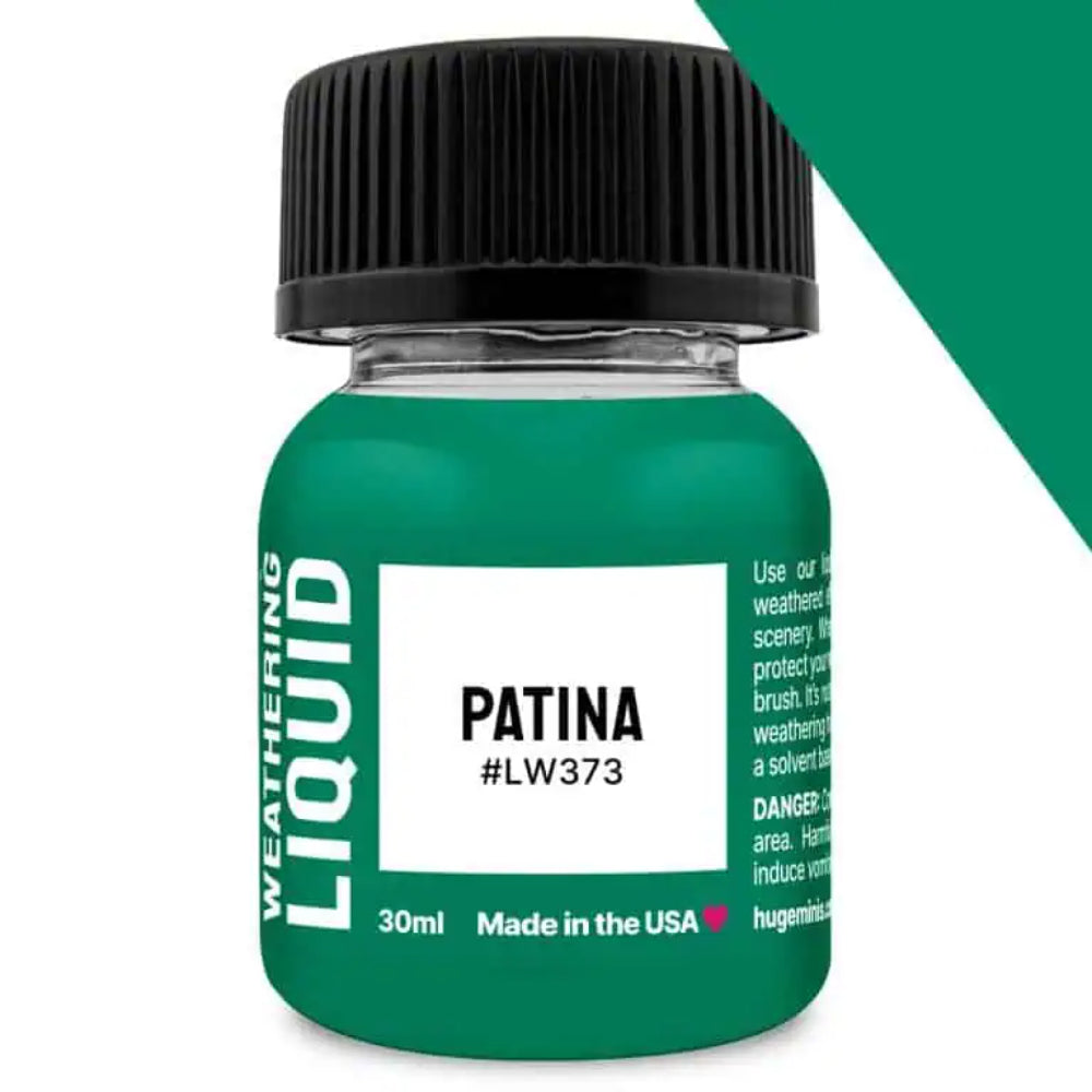A small green glass bottle of patina weathering liquid with a black ribbed cap labeled 30ml lw373