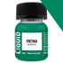 A small green glass bottle of patina weathering liquid with a black ribbed cap labeled 30ml lw373
