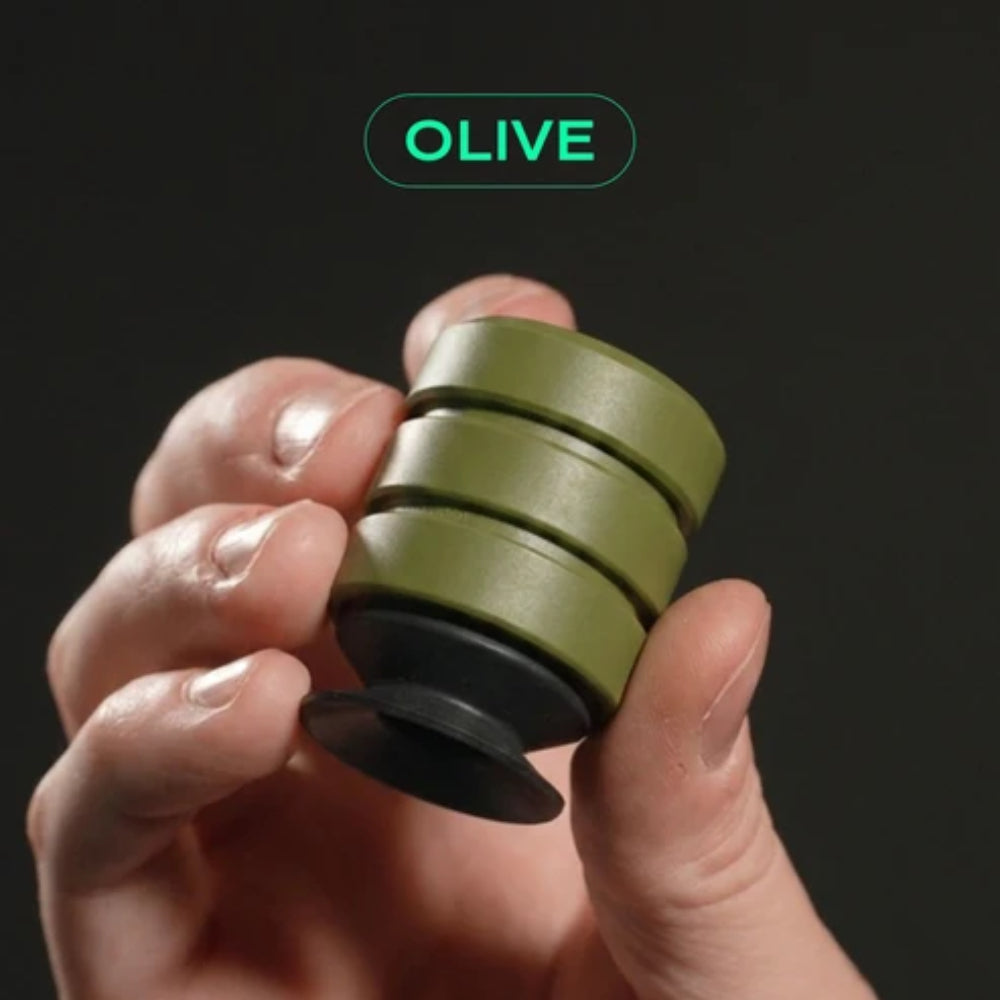 Olive-colored pkup card lifter fidget spinner with three stacked circular segments and a black base