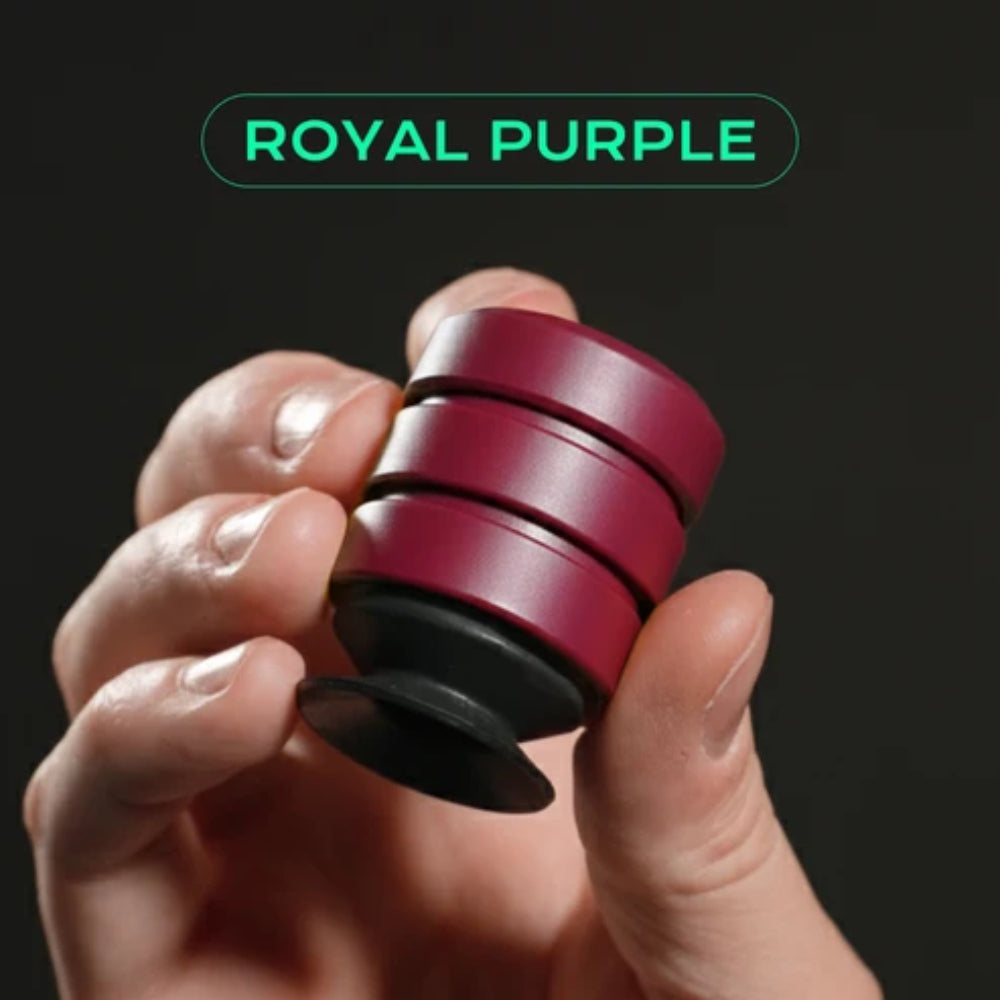 Royal purple p’kup card lifter fidget spinner with three stacked metallic rings and black base for smooth spinning