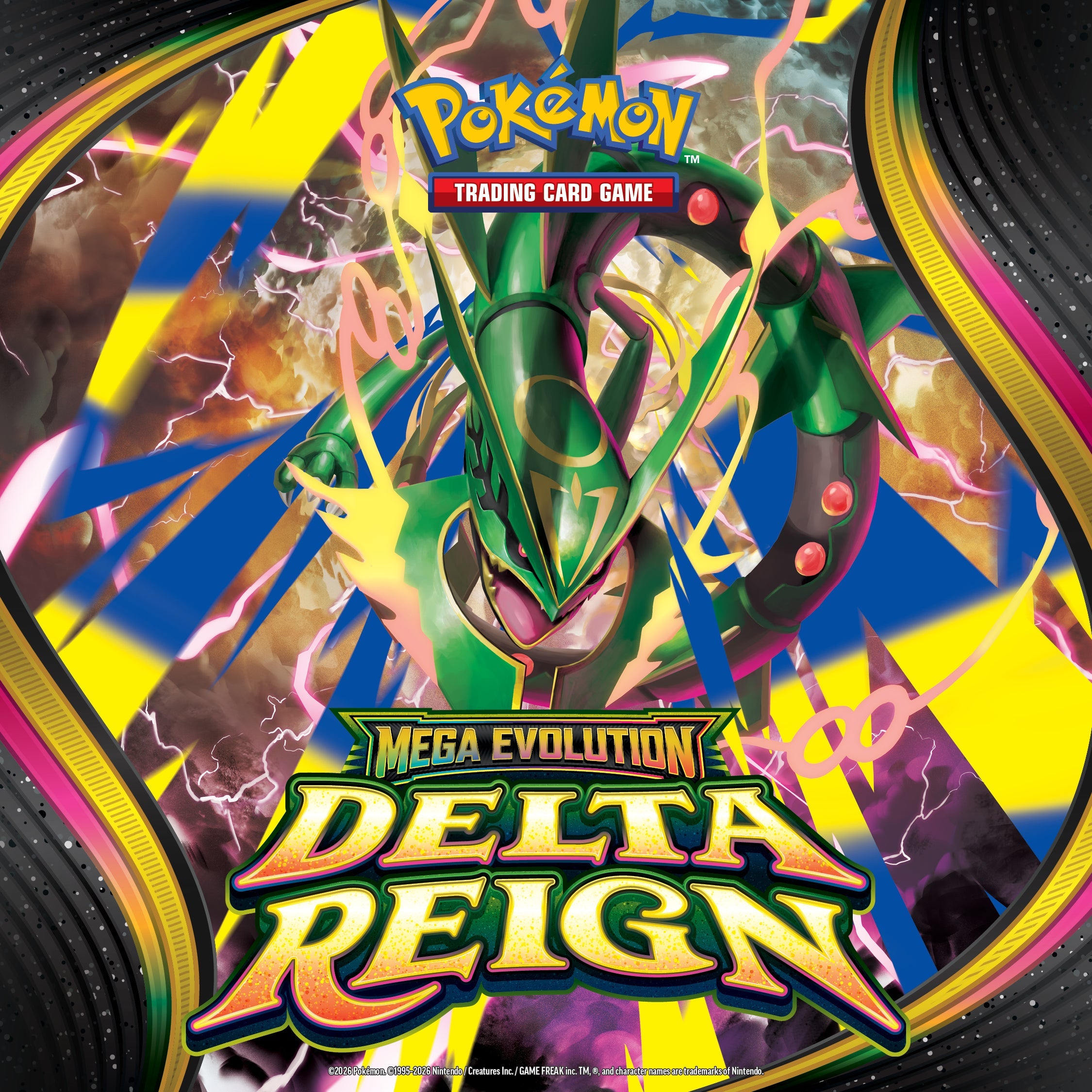 Pokemon mega evolution delta reign prerelease booster box featuring vibrant green mega rayquaza with lightning effects