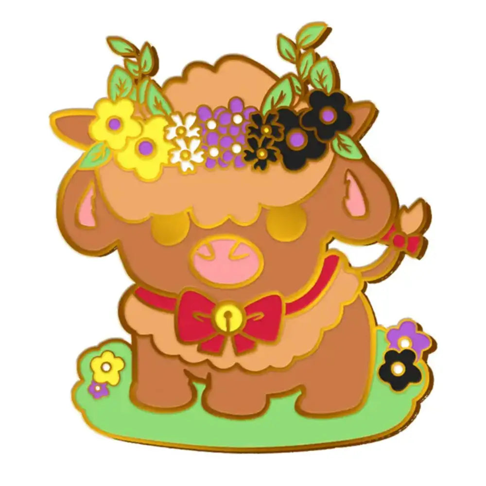 Proud Cows Pride enamel pin featuring a brown highland cow with a colorful floral crown and red bow tie