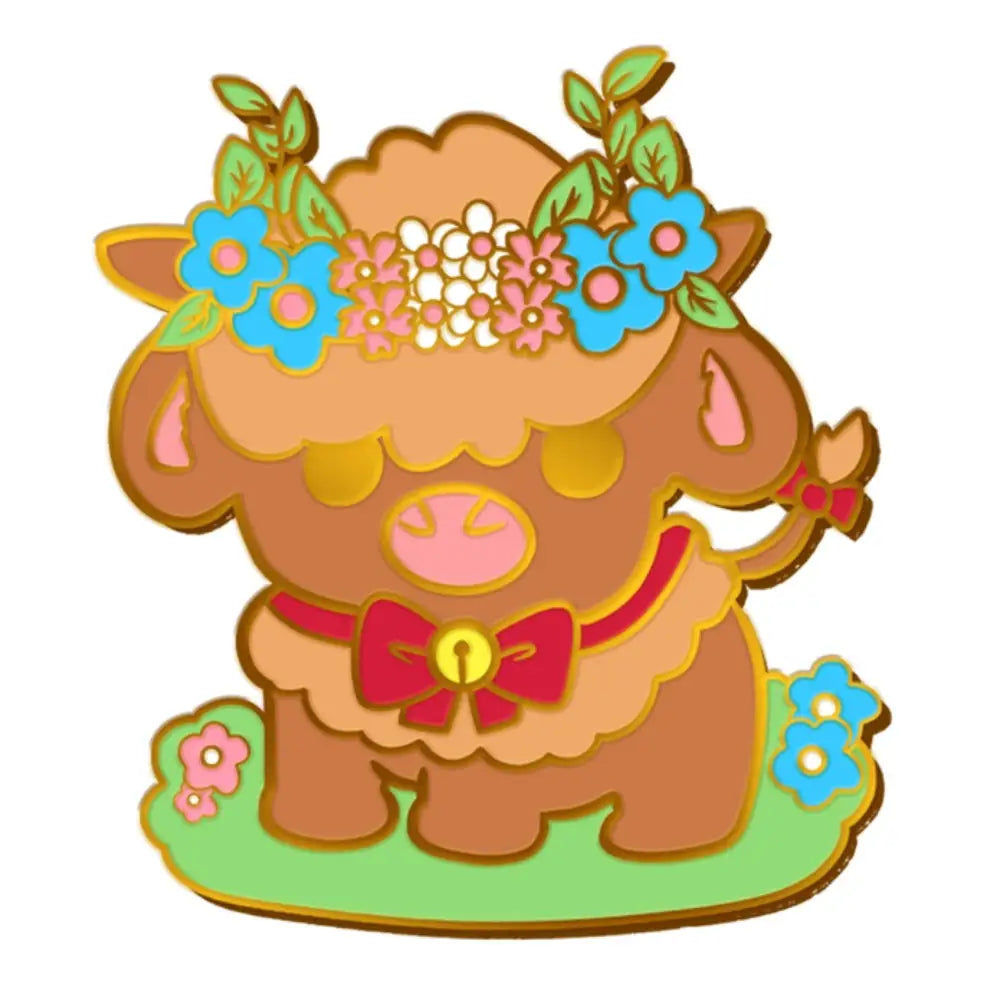 A charming brown enamel pin of a cartoon cow with a floral crown and red bow tie named Proud Cows Pride