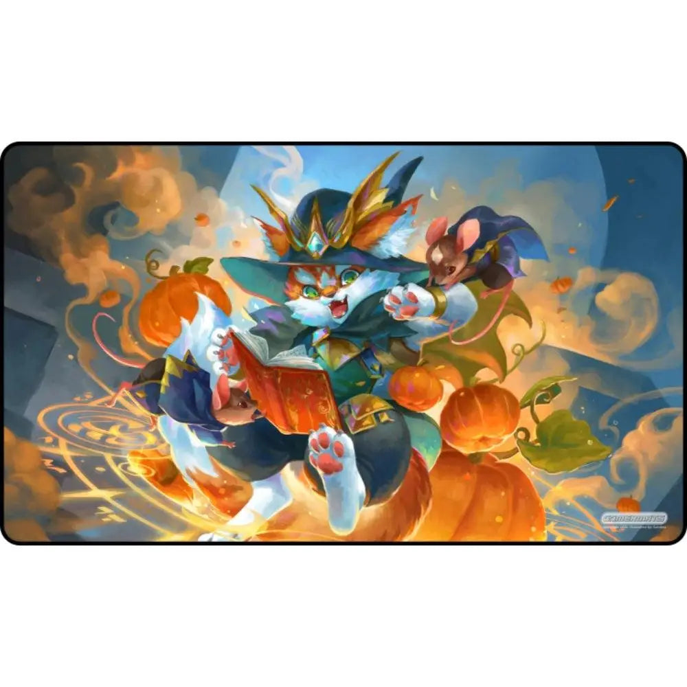 Rectangular gaming mat featuring a fantasy cat in a wizard hat with pumpkins and magical swirls for tabletop play