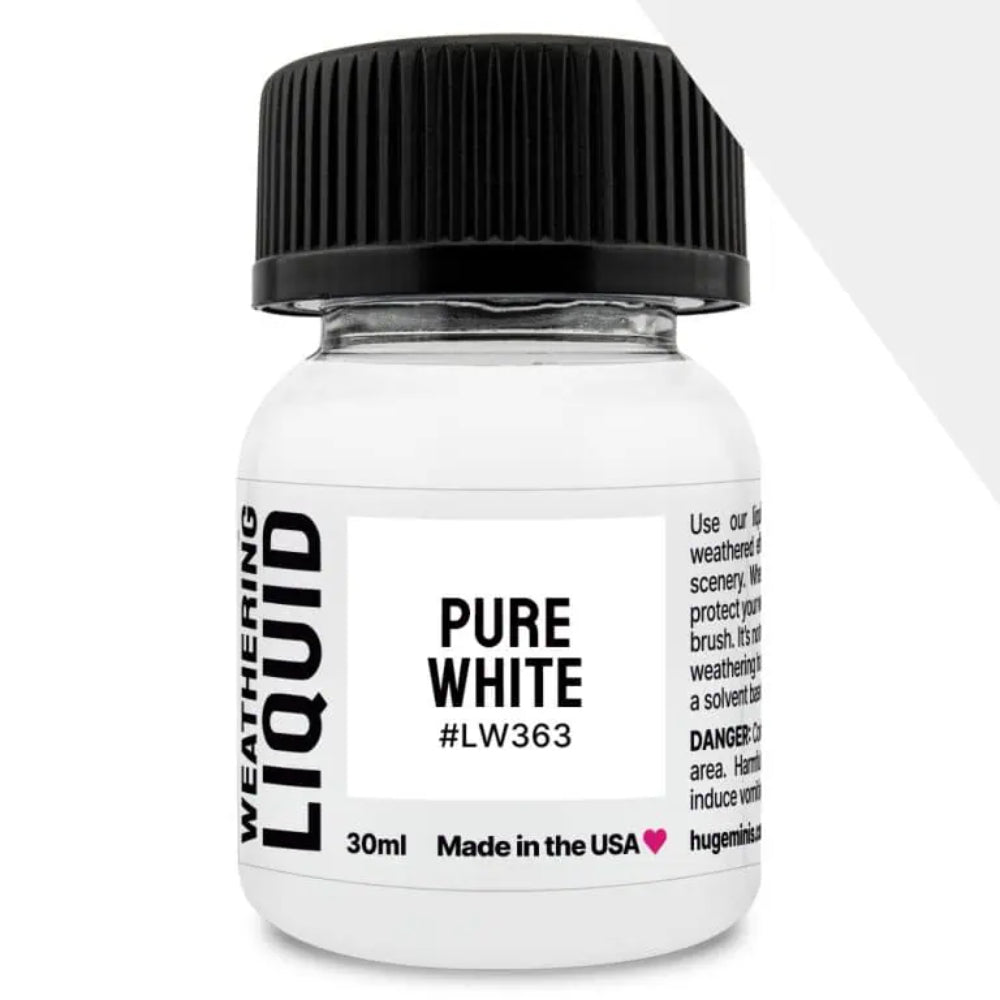 A clear glass bottle with black ribbed cap containing pure white weathering liquid labeled lw363 made in the usa