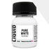 A clear glass bottle with black ribbed cap containing pure white weathering liquid labeled lw363 made in the usa