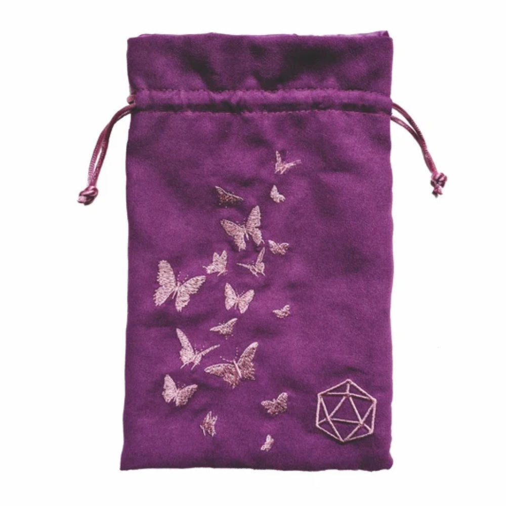 Purple velvet drawstring pouch decorated with silver-embroidered butterflies and geometric d20 die symbol for dice storage