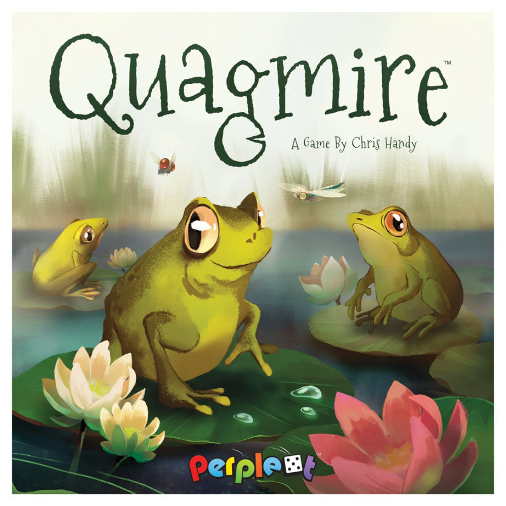 The cover art for the board game quagmire by Chris Handy features illustrated green frogs on lily pads with pink and white water lilies