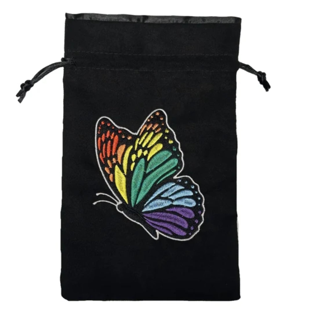Black velvet drawstring dice bag featuring a vibrant rainbow embroidered butterfly design