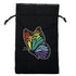 Black velvet drawstring dice bag featuring a vibrant rainbow embroidered butterfly design