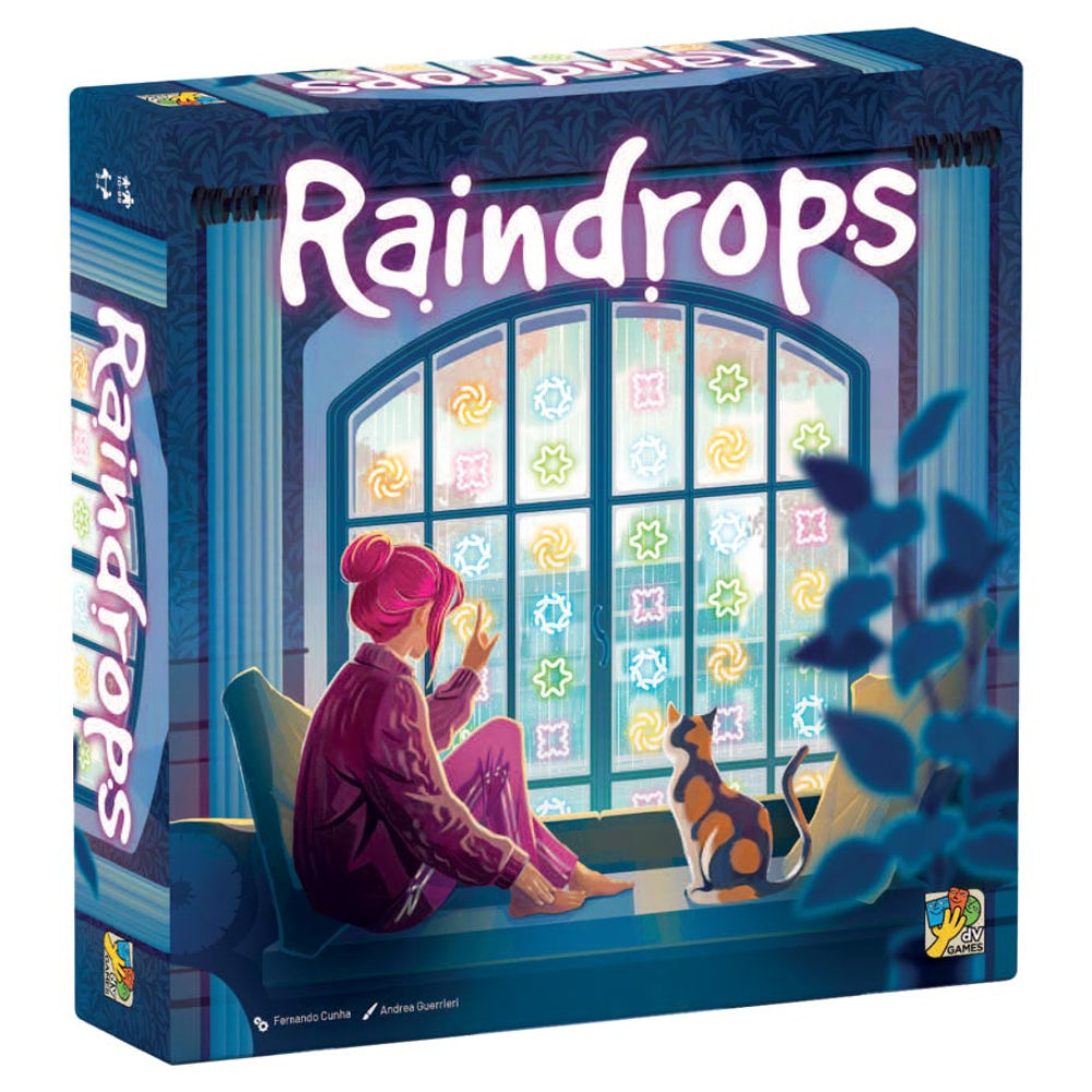 Raindrops board game box with blue and purple design featuring person in pink sitting by window illustration