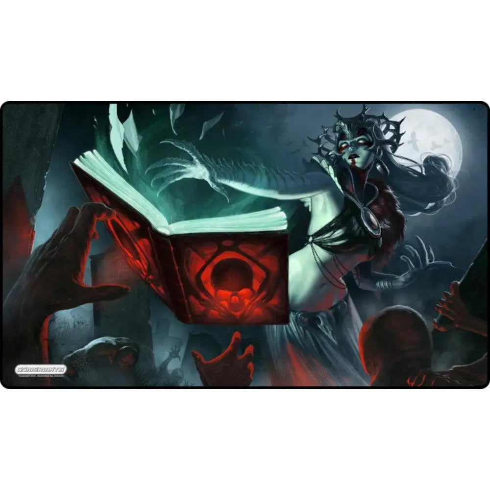Raise the dead playmat dark rectangular gaming mat with fantasy witch holding a glowing green book under moonlight