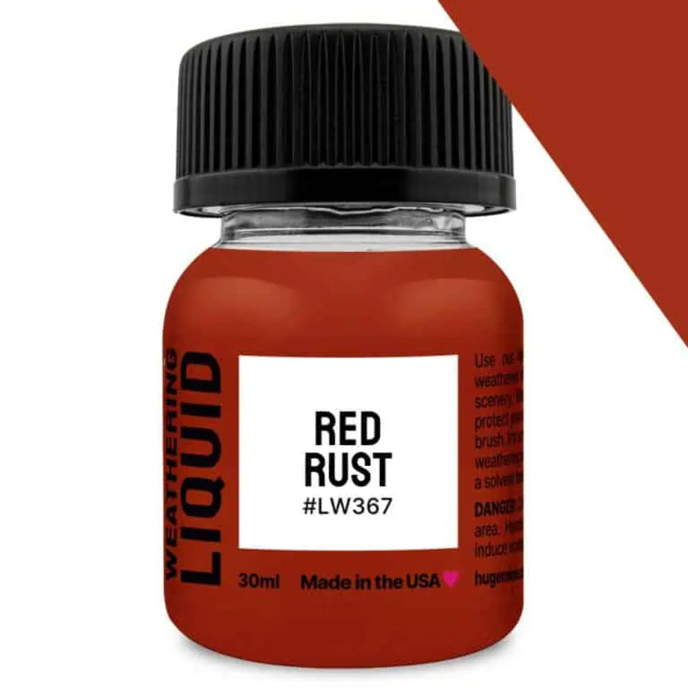 A 30ml bottle of red rust weathering liquid with black ribbed cap and white label made in the USA